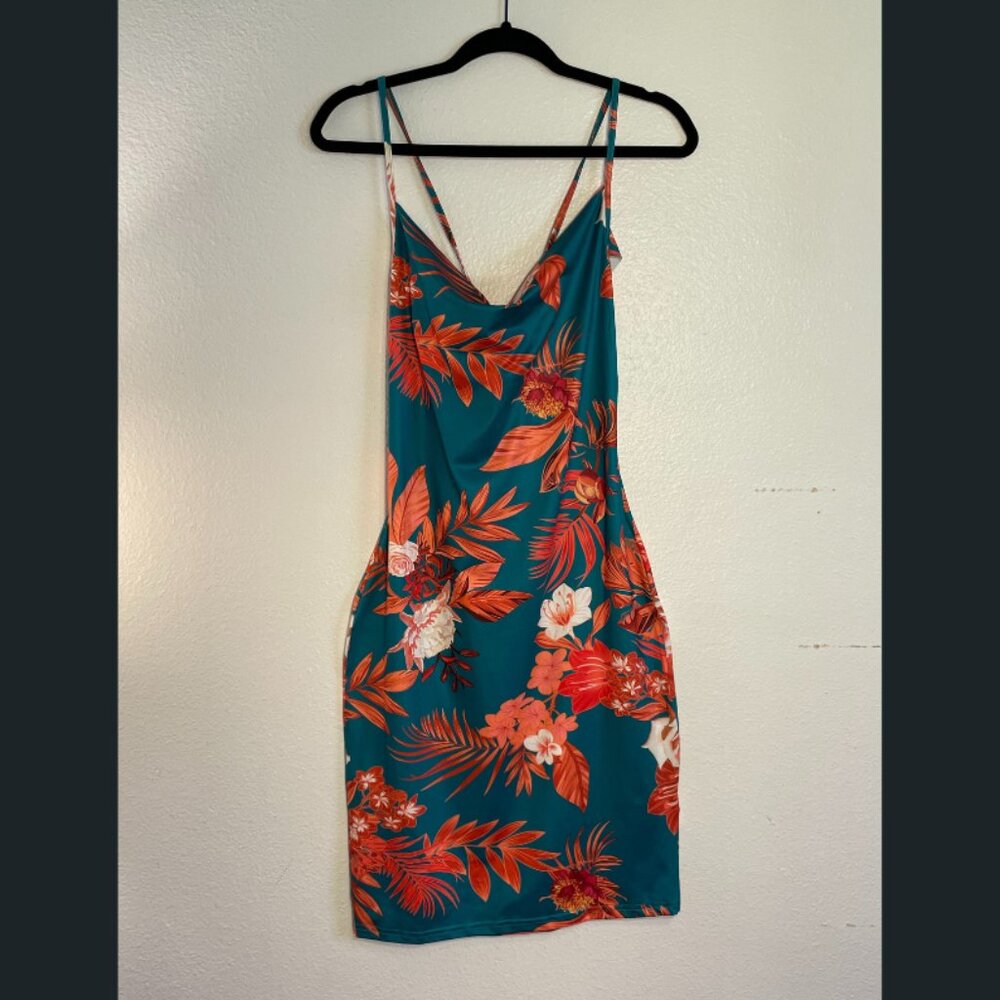 Tropical Floral Slip Dress – Teal & Orange, Adjustable Strap